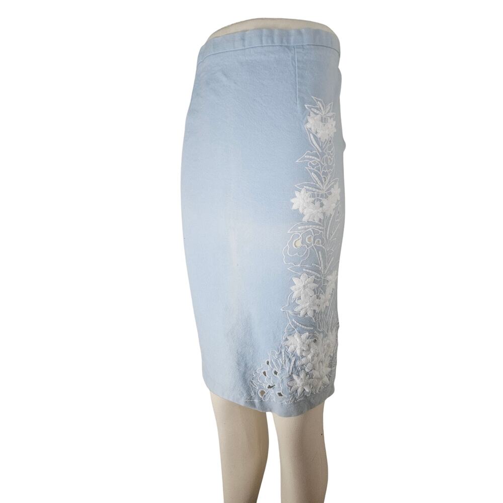 1990s Distressed Blue Floral Embroidered Stretch Denim Pencil Jean Skirt Size S
